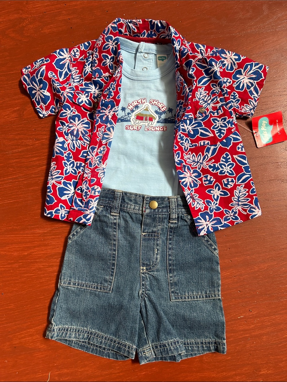 Kids Red Floral Hawaiian Matching Set with Light Blue Tee